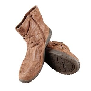 Skechers Women's Brown Faux Leather Ankle Boots Side Zip Buckle Comfort Size 11
